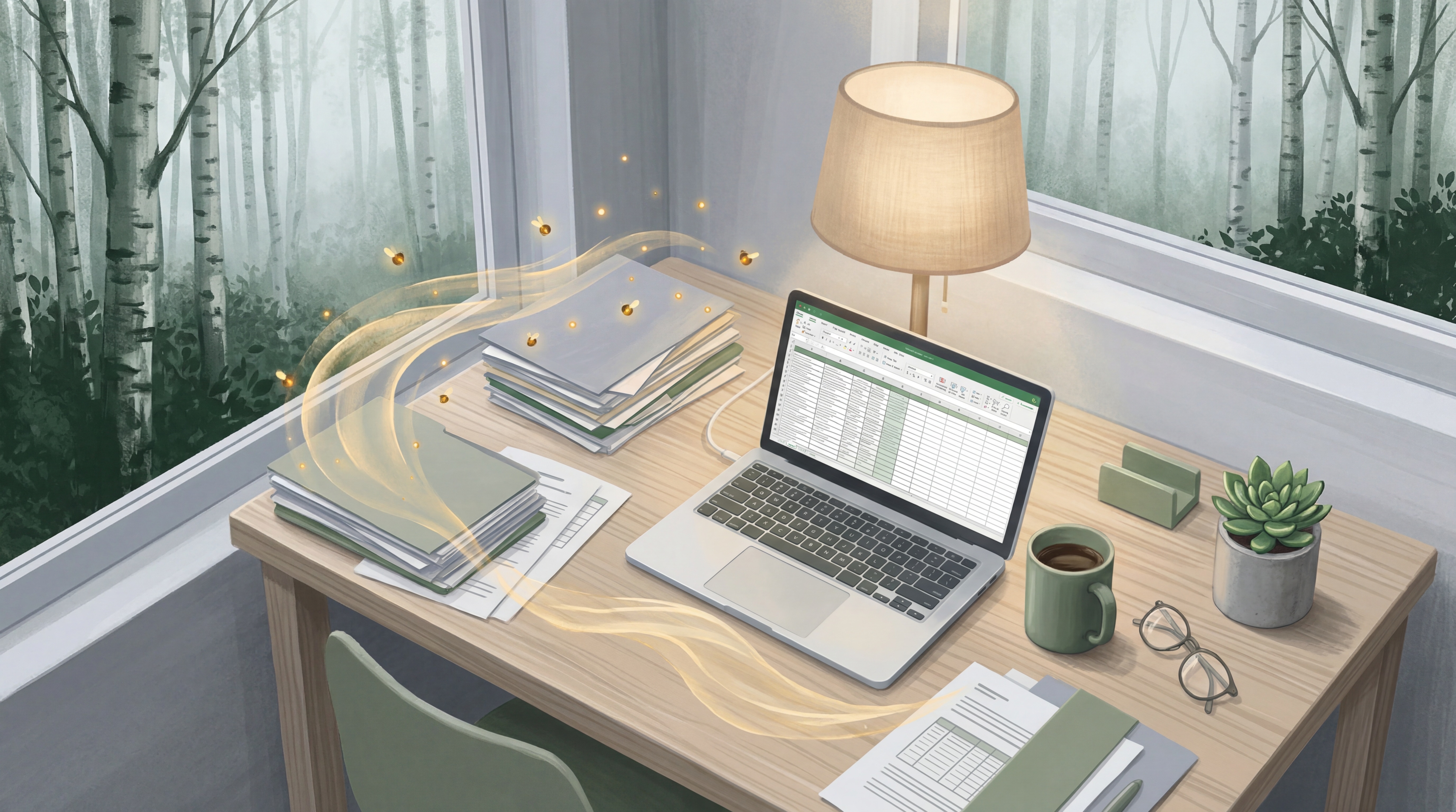 Skandinaviskt hemmakontor med laptop och spreadsheet där gyllene AI-partiklar organiserar dokument och filer