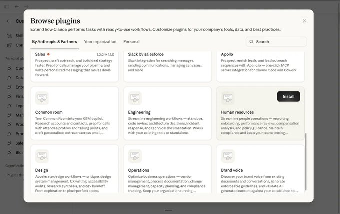 Plugin-bibliotek med Sales, Slack, Apollo, HR, Design och Operations