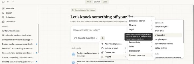 Claude Cowork huvudvy med kategorier som Enterprise search, Finance, Legal, HR och Productivity