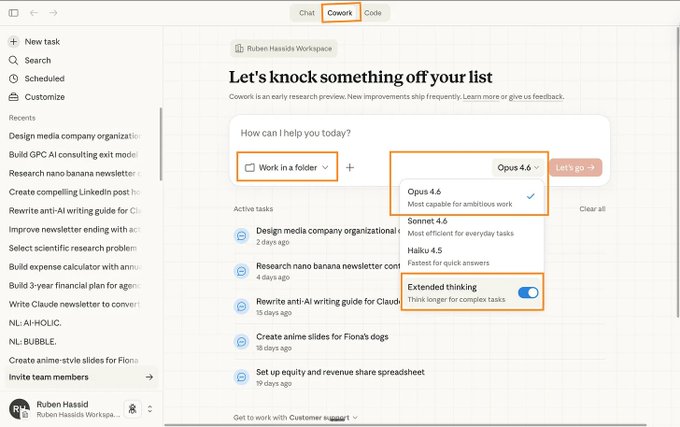 Claude Cowork modellväljare med Opus 4.6, Sonnet 4.6 och Haiku 4.5 samt Extended thinking