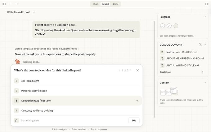 Claude Cowork skriver en LinkedIn-post genom att ställa frågor istället för att kräva en perfekt prompt