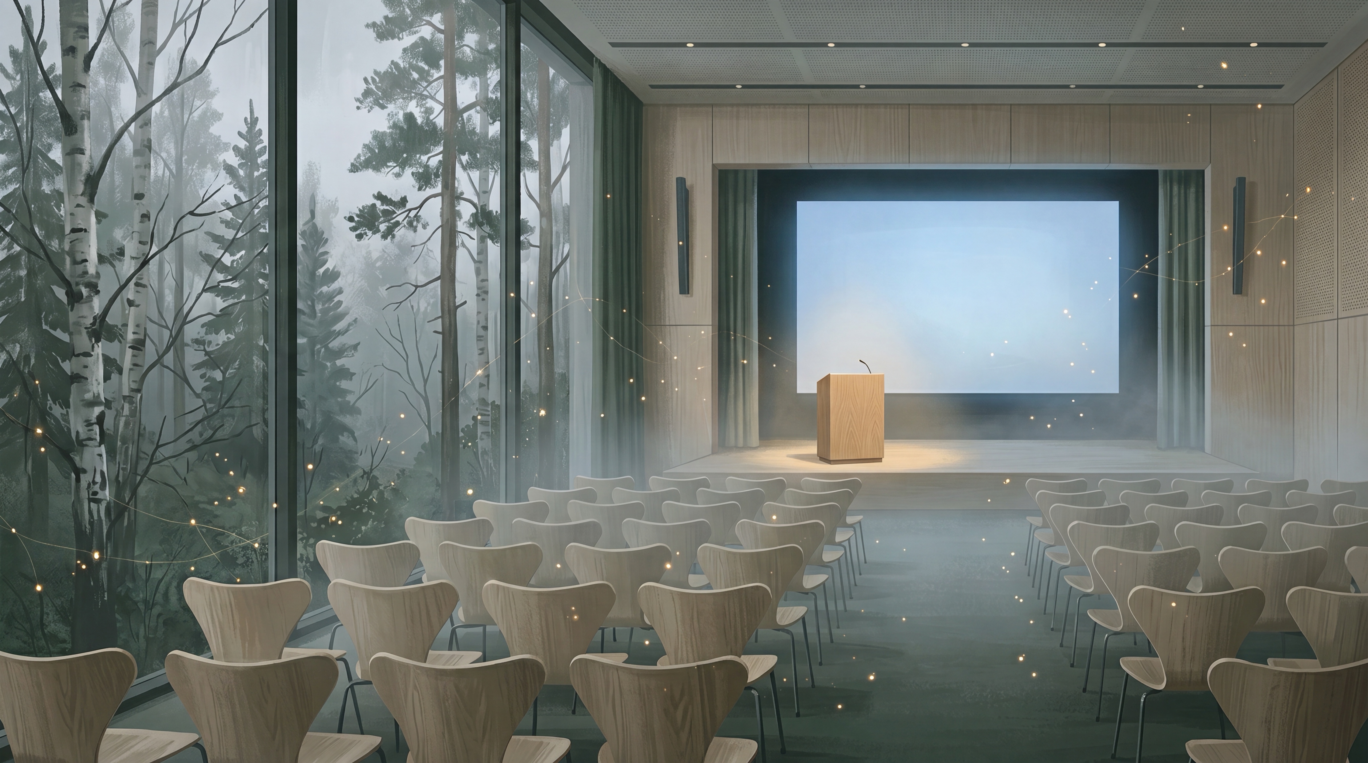 Atmosfärisk skandinavisk illustration av en scen där en AI-föreläsare håller keynote för en organisation