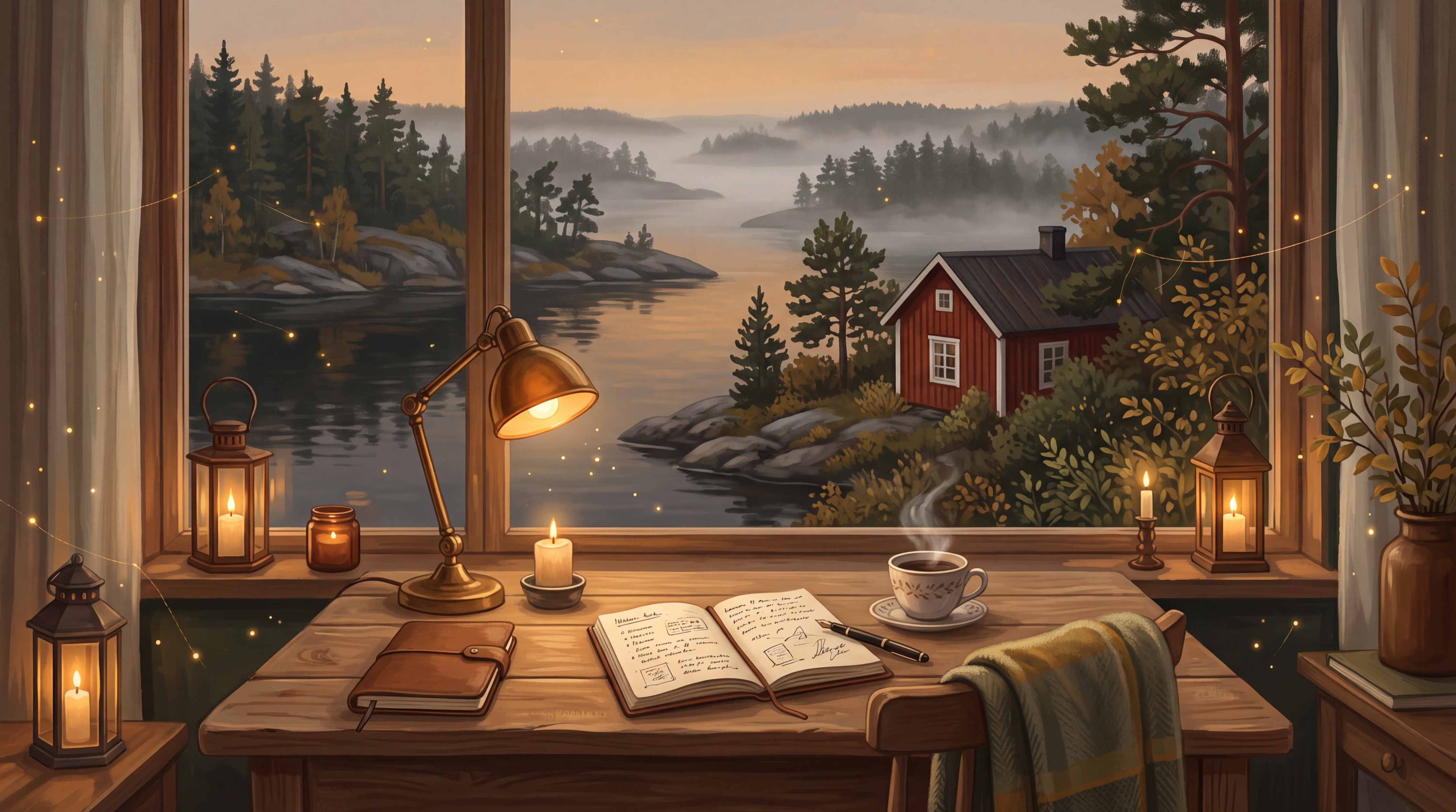 Varmt upplyst svenskt kontorsfönster i skymning med utsikt över en dimmig skärgård och en röd stuga, symbol för ChatGPT använt från ett svenskt kontor