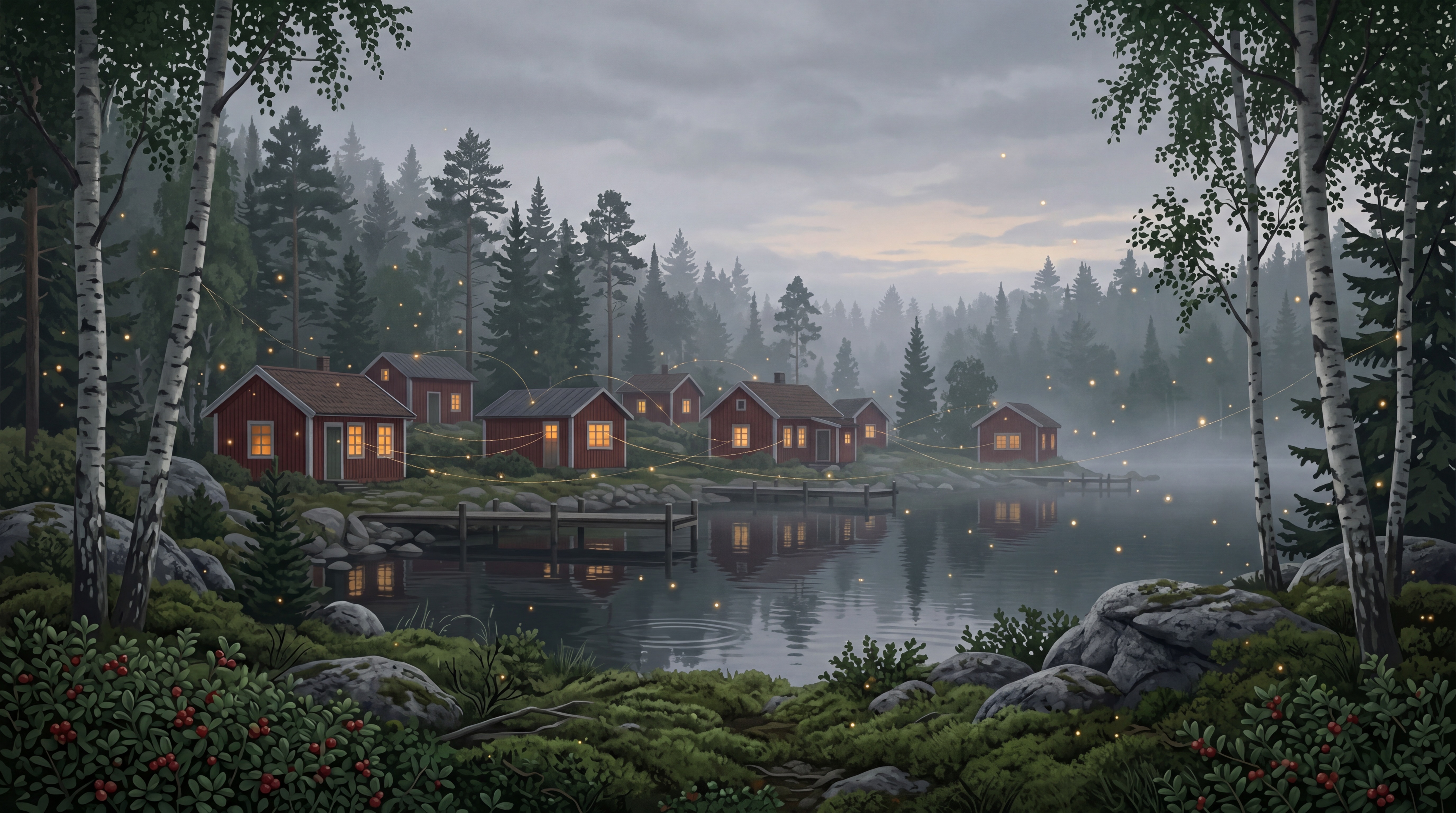 Claude for Business för svenska företag 2026, skandinavisk by med röda stugor och ljus i fönstren vid sjö
