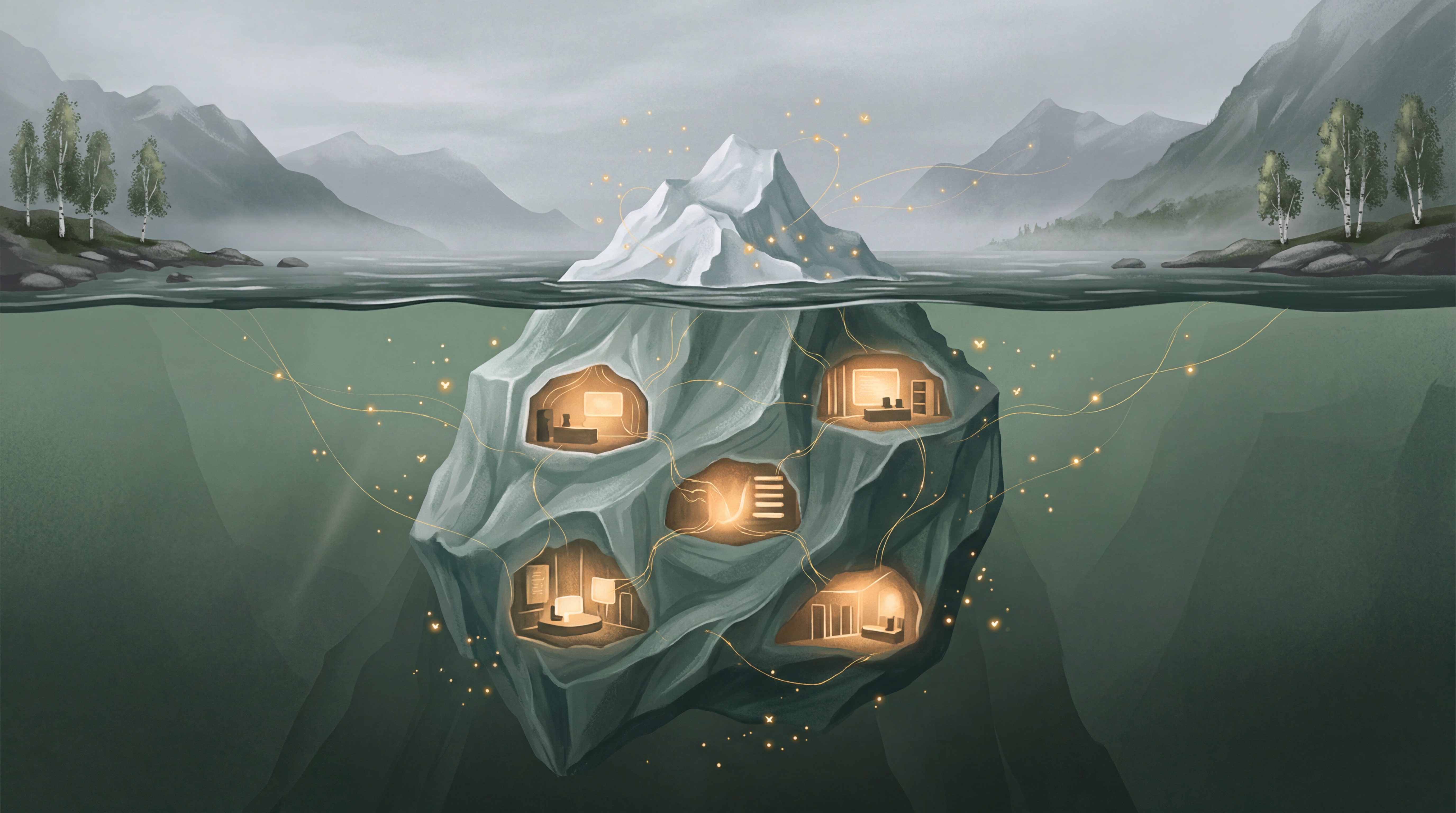 Isberg i nordisk fjord med fem glödande kammare under vattenytan som representerar Claudes dolda AI-verktyg