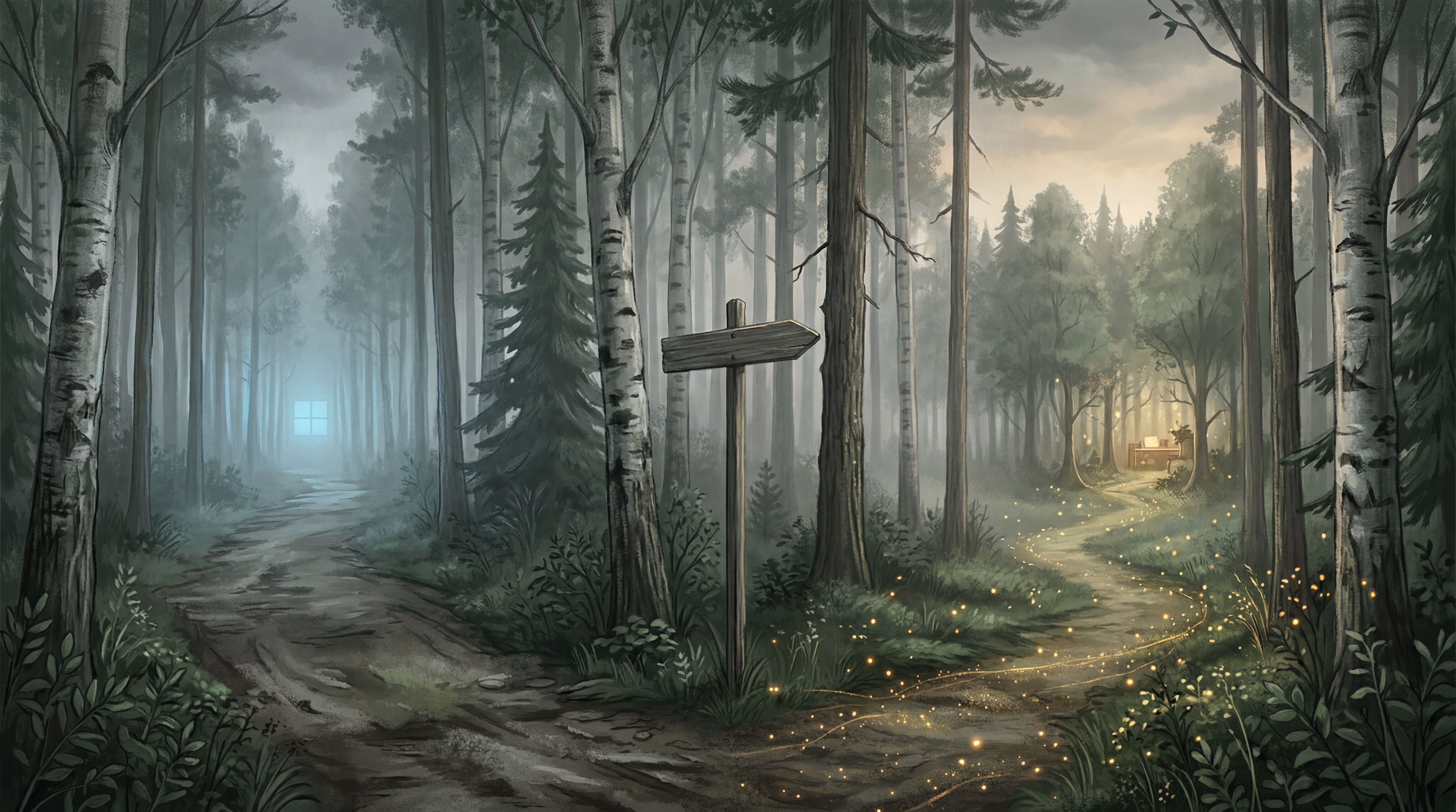 Vägkorsning i nordisk skog: den breda vägen leder mot korporativt blått sken, den smala mot gyllene AI-partiklar och en lysande arbetsplats