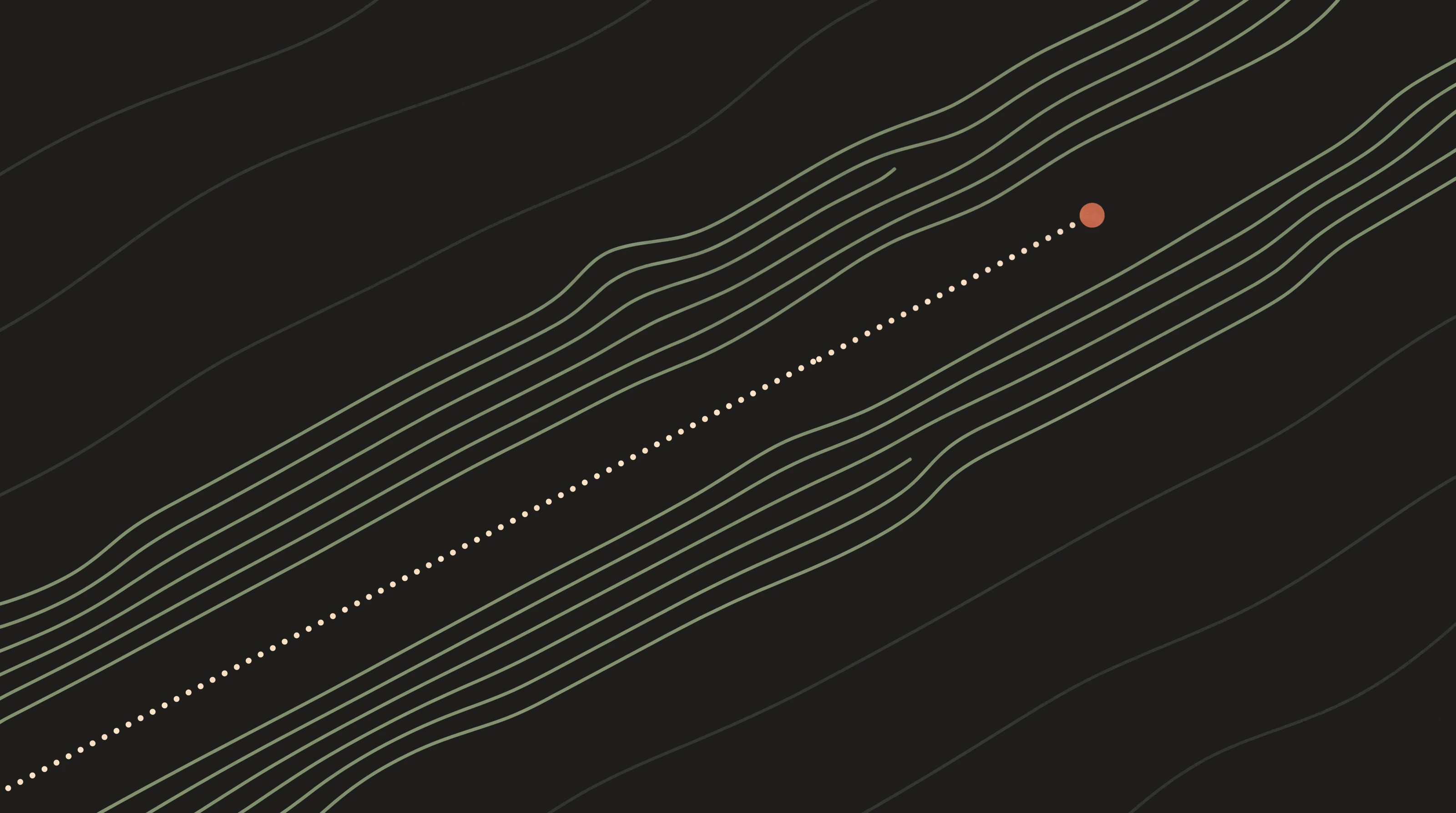 Kartbild i höjdkurvor med parallella diagonala linjer och en prickad stig mot en terrakottapunkt, Claude Code med Obsidian
