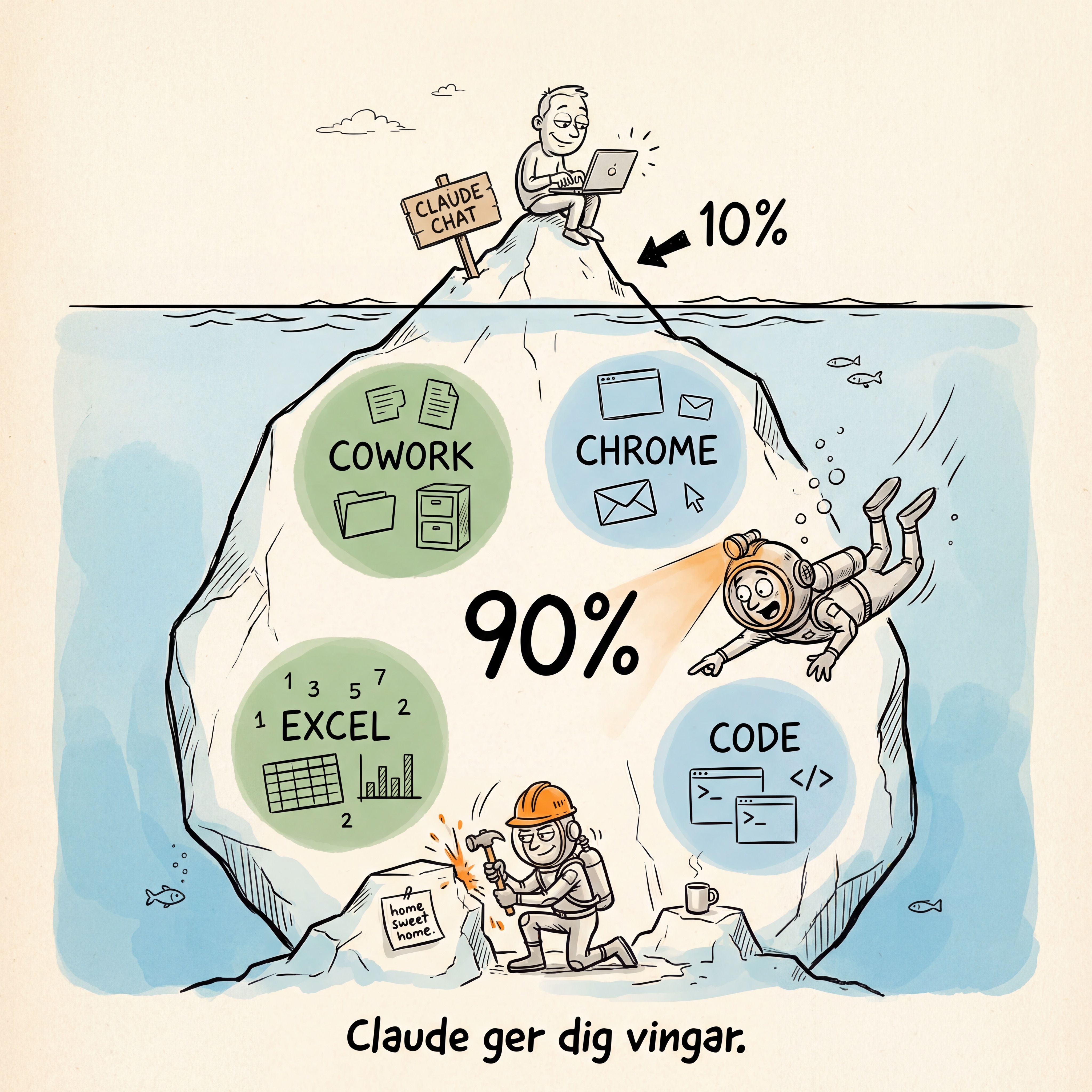 Claudes produktsvit som isberg: Chat är 10% ovanför ytan, Cowork, Chrome, Excel och Code är 90% under