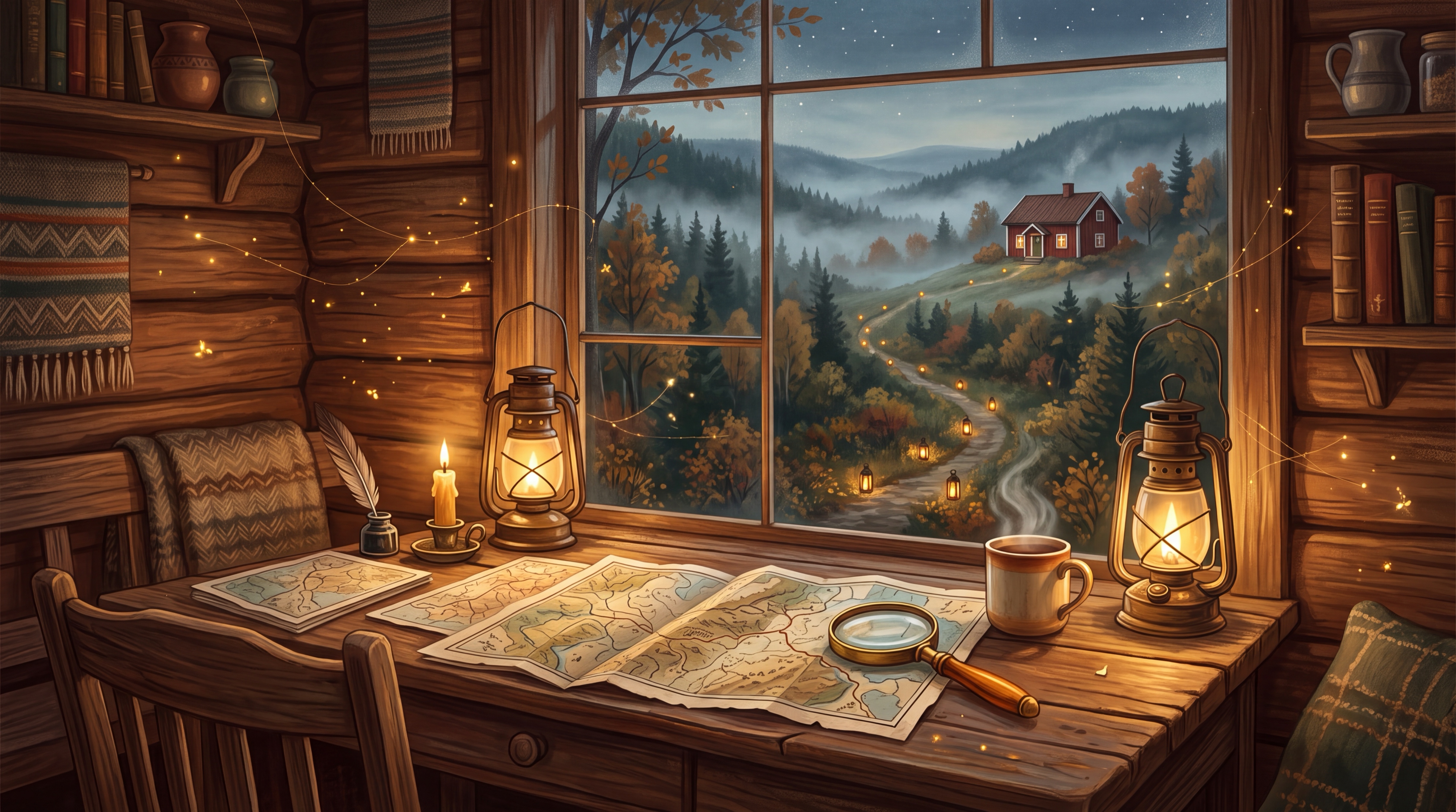 Lyktupplyst arbetsbord i en stuga med förstoringsglas över kartor och en stig av lyktor som klättrar uppför en skogsklädd höjd, illustration för SEO med AI