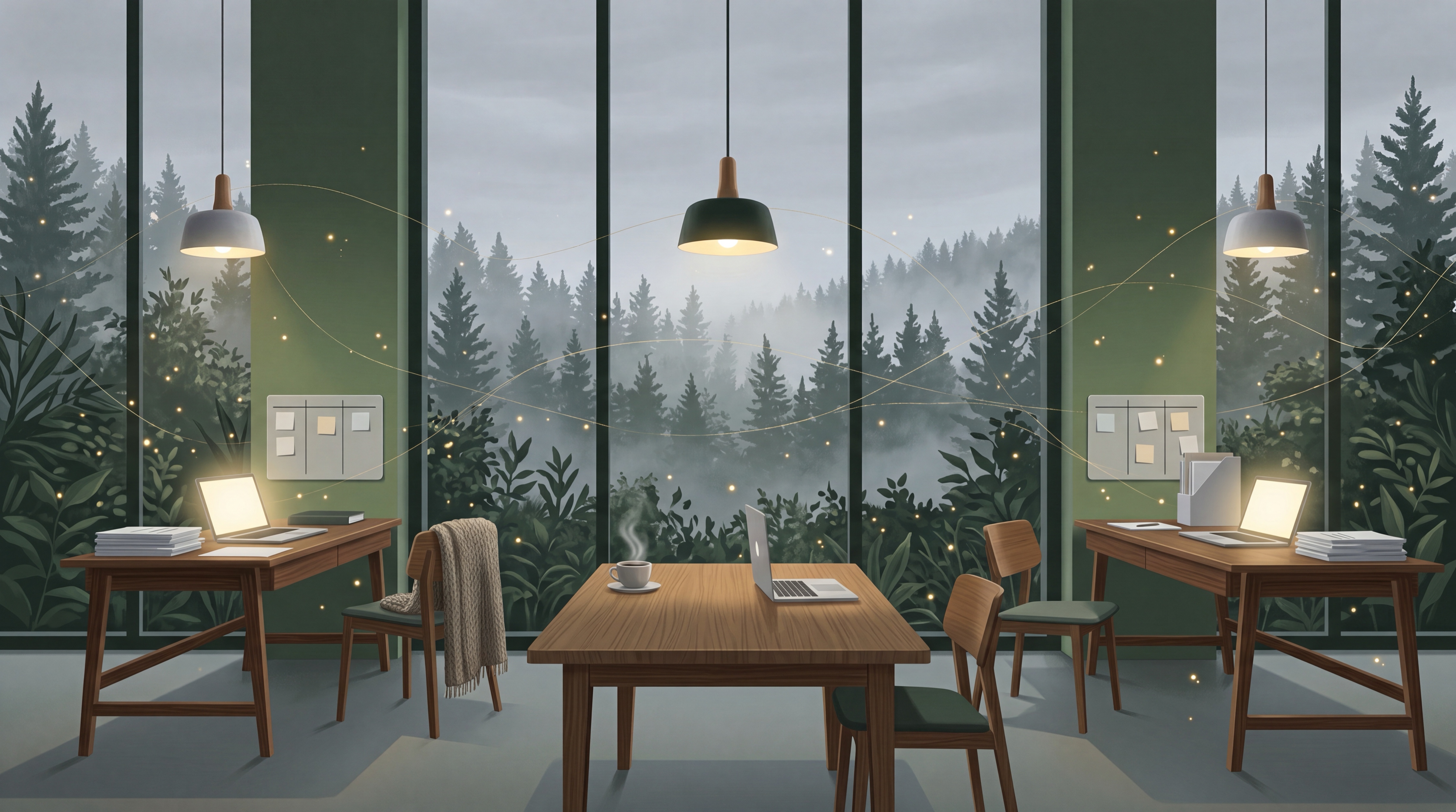 Skandinavisk illustration av ett kontor i gryningsljus där Claude agents arbetar självständigt vid upplysta skrivbord