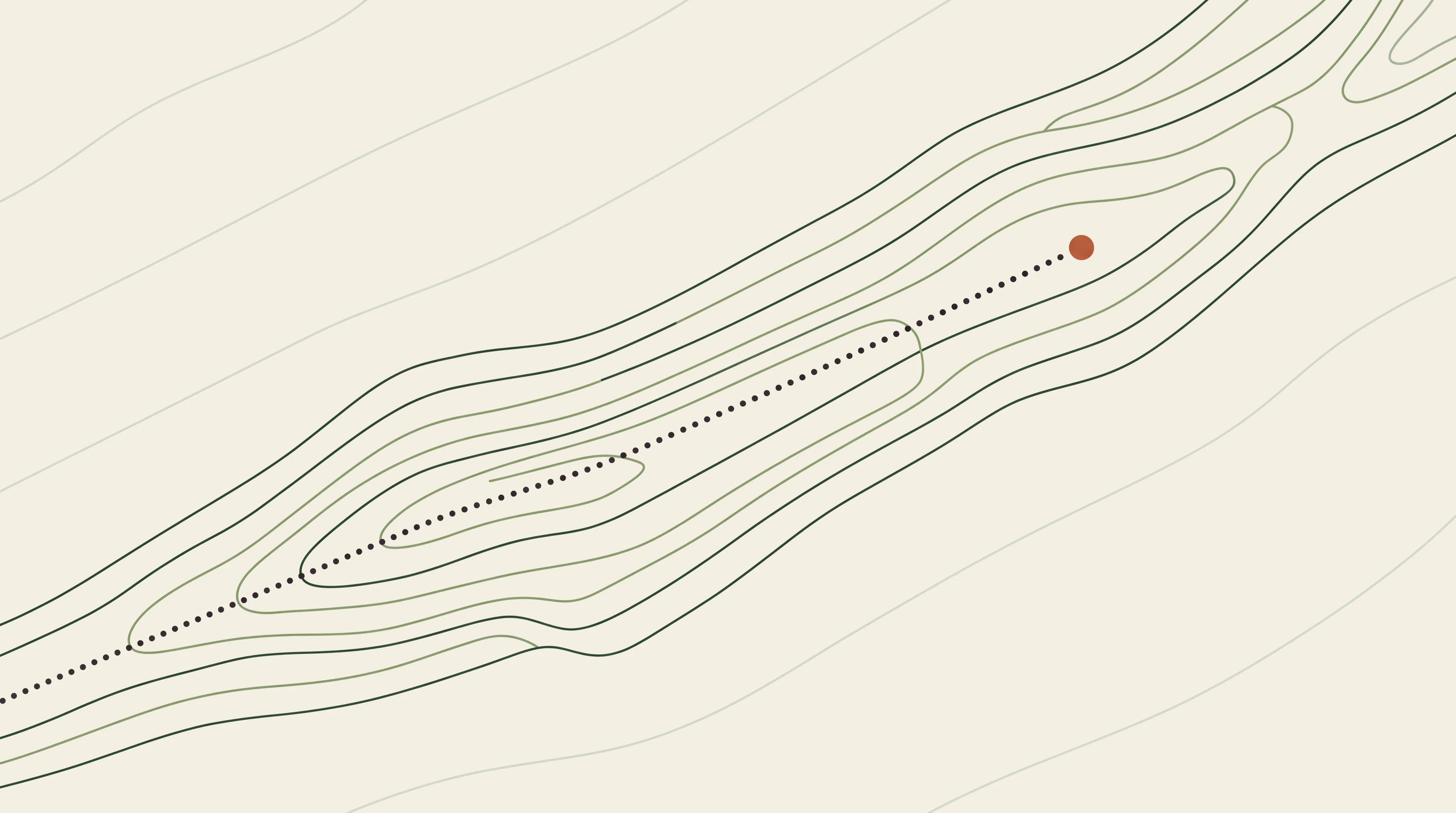 Kartbild i höjdkurvor med en lång bergsrygg på diagonalen och en plan stig längs krönet, guide till Claude Code för icke-tekniker