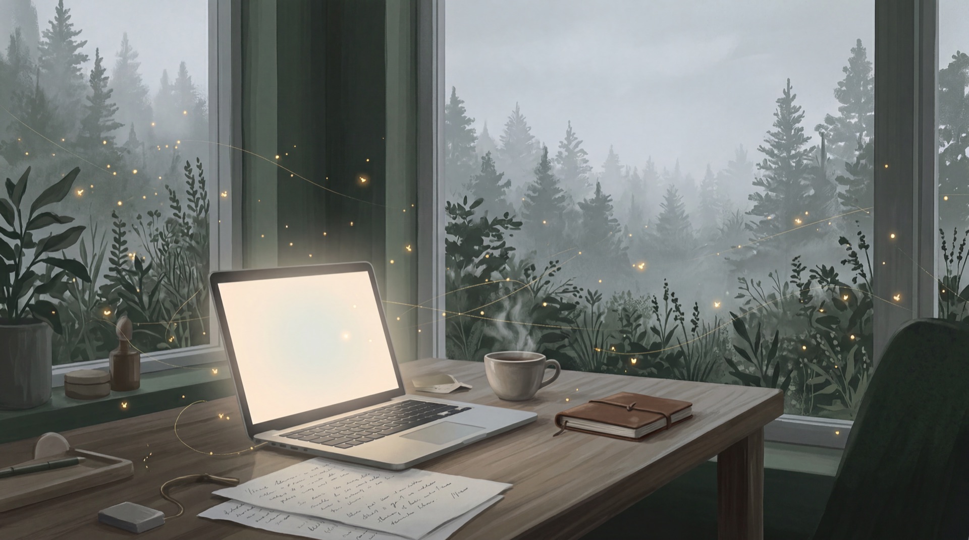Atmosfärisk skandinavisk illustration av Claude Cowork som AI-kollega vid det svenska skrivbordet