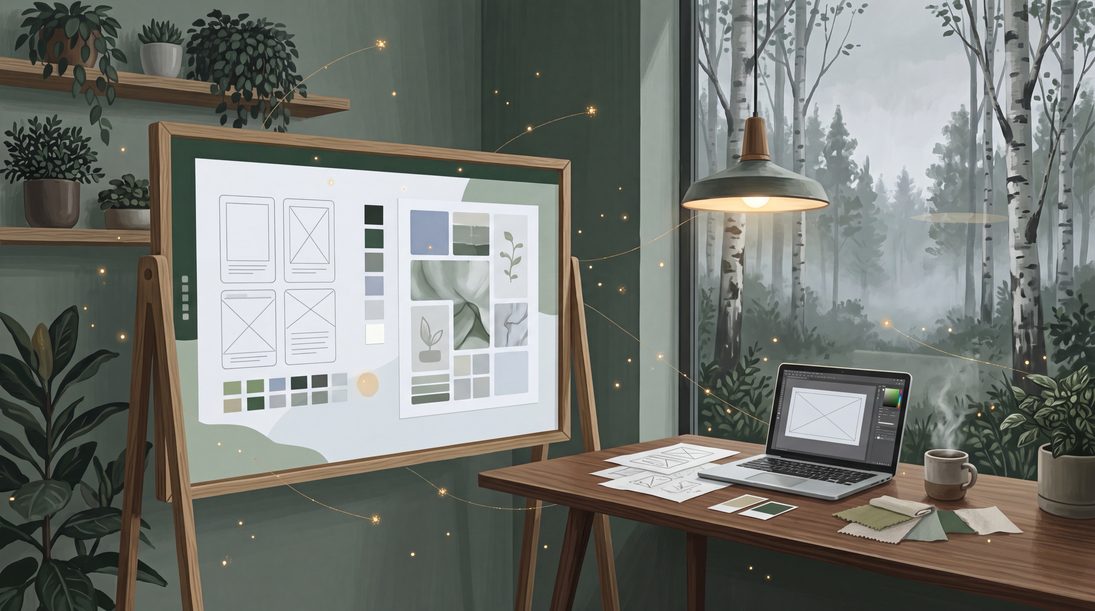 Skandinavisk illustration av en designstudio där Claude Design visar skisser och färgprover på en stor canvas