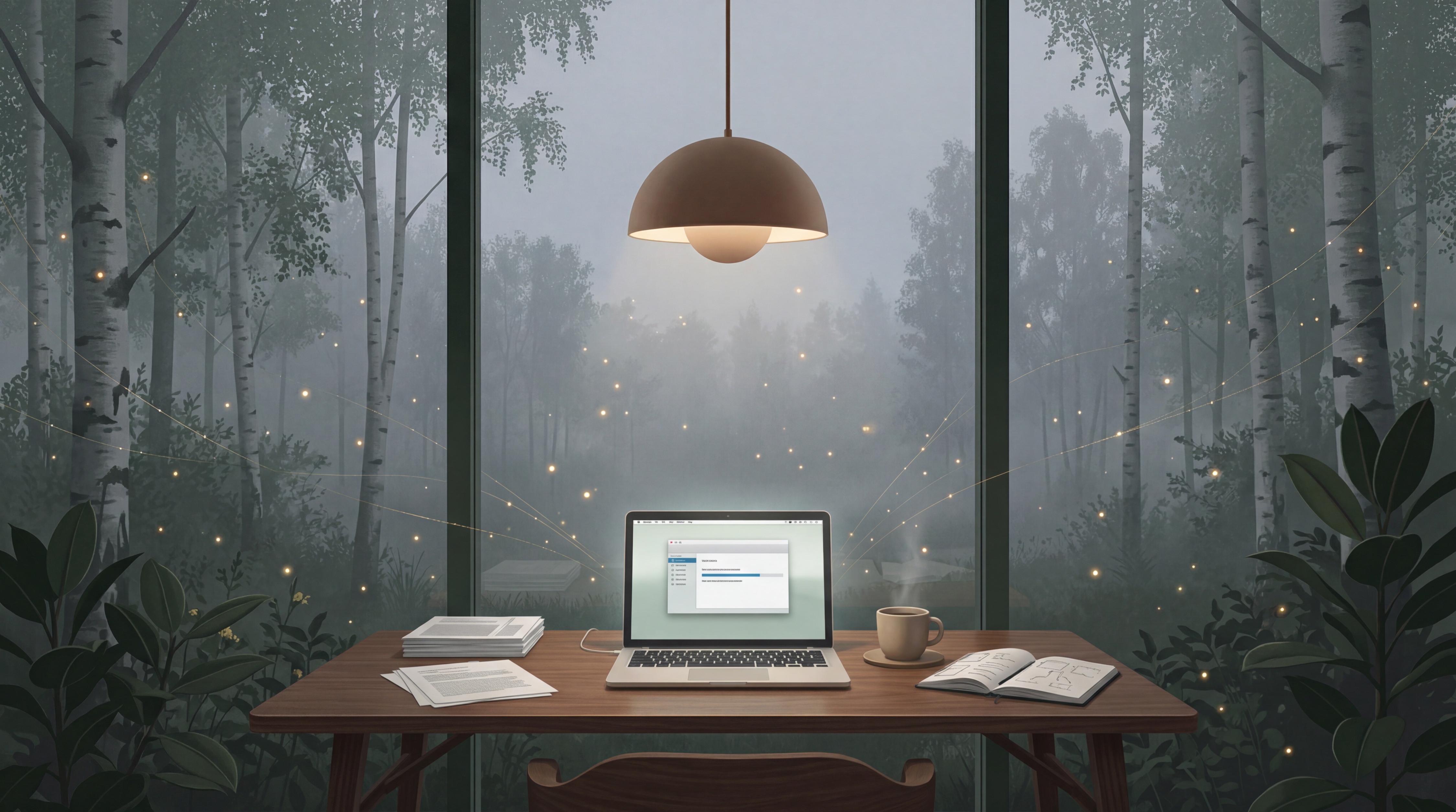 Atmosfärisk skandinavisk illustration av ett skrivbord där Claude Fable 5 arbetar autonomt under natten