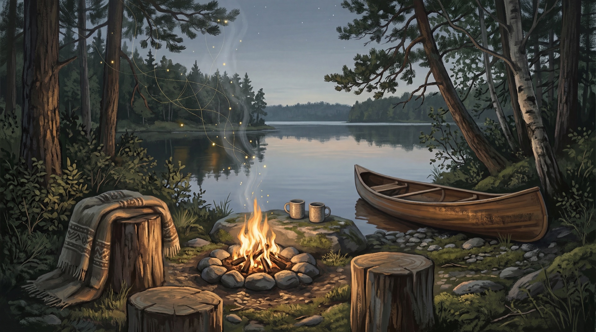 Nordisk lägereld vid sjö i skymning