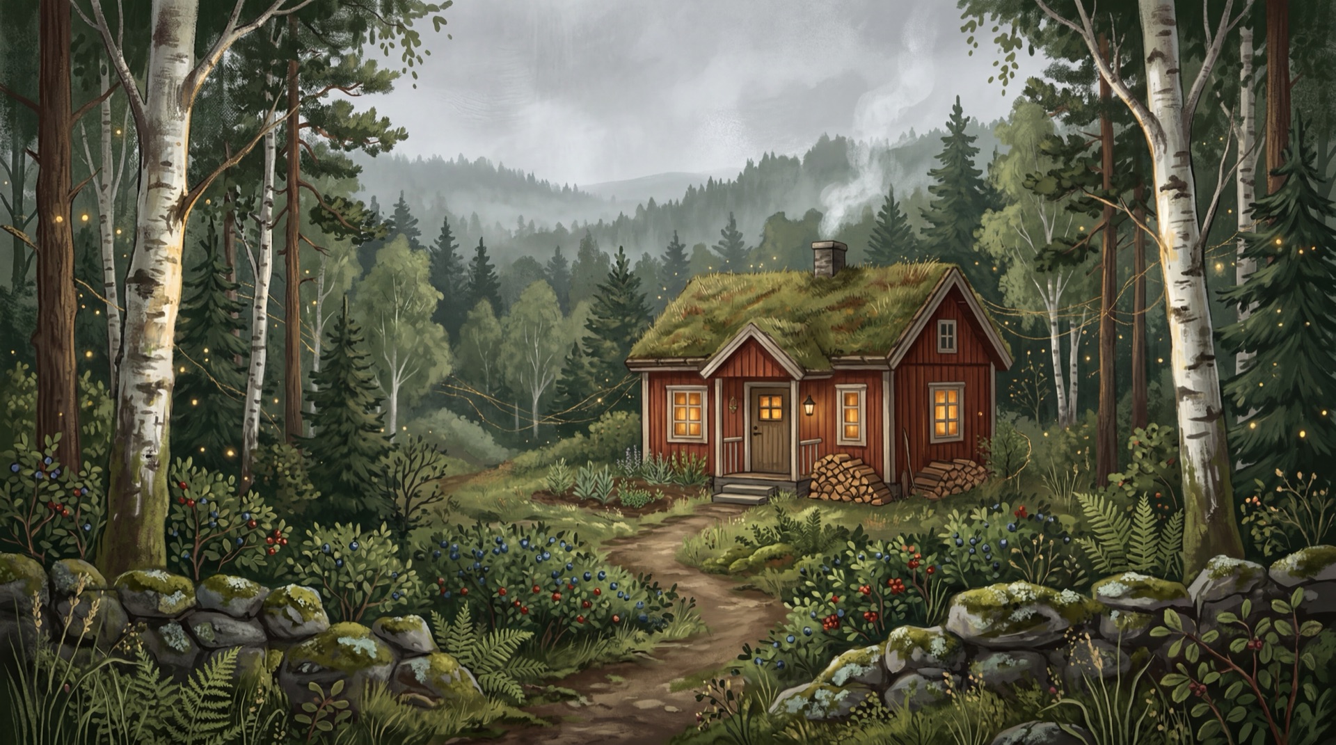 Röd svensk stuga i skogsglänta med varmt ljus