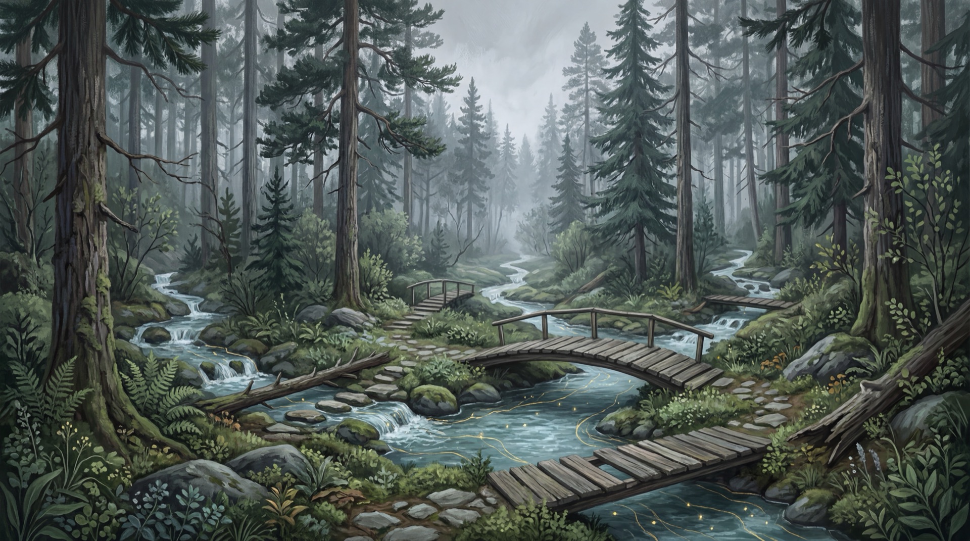 Sammanlänkade skogsbäckar och träbroar i nordiskt landskap