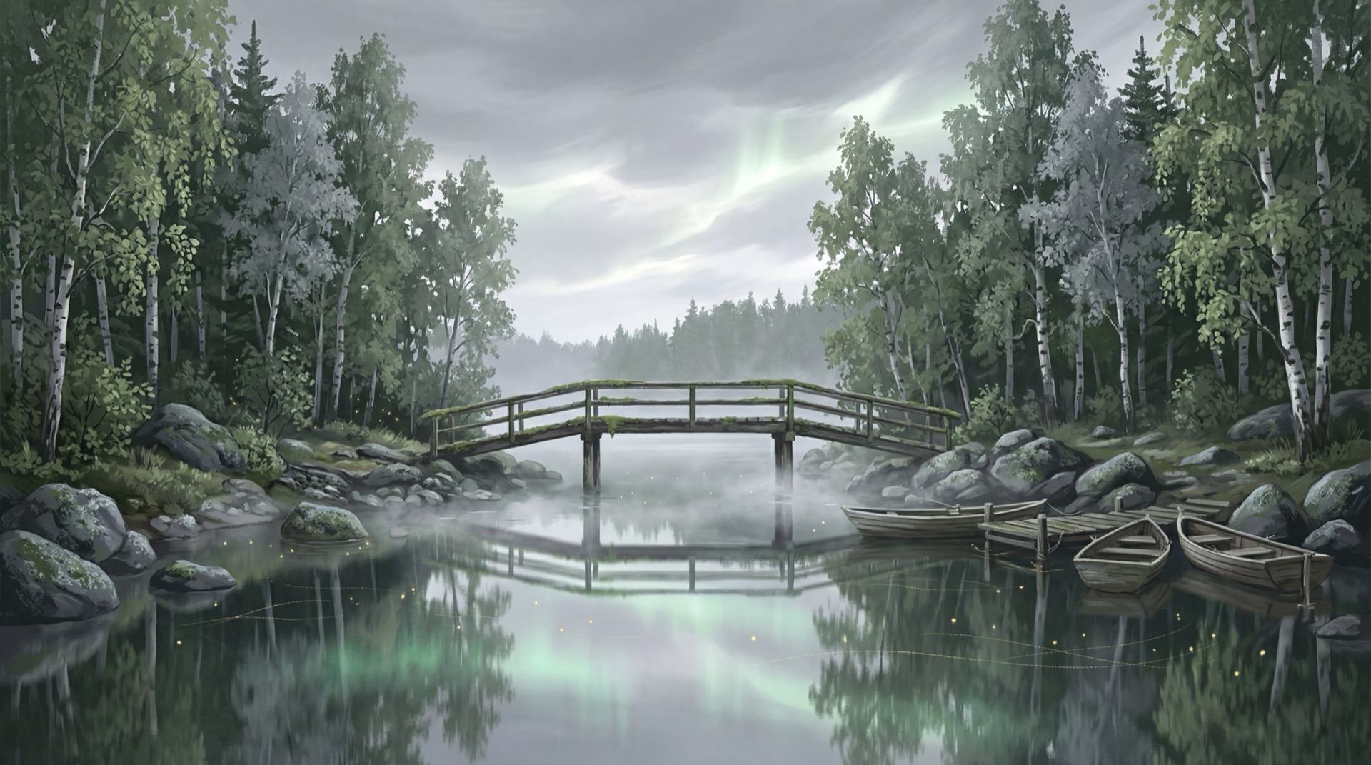 Nordisk sjö med träbro mellan björkskogar