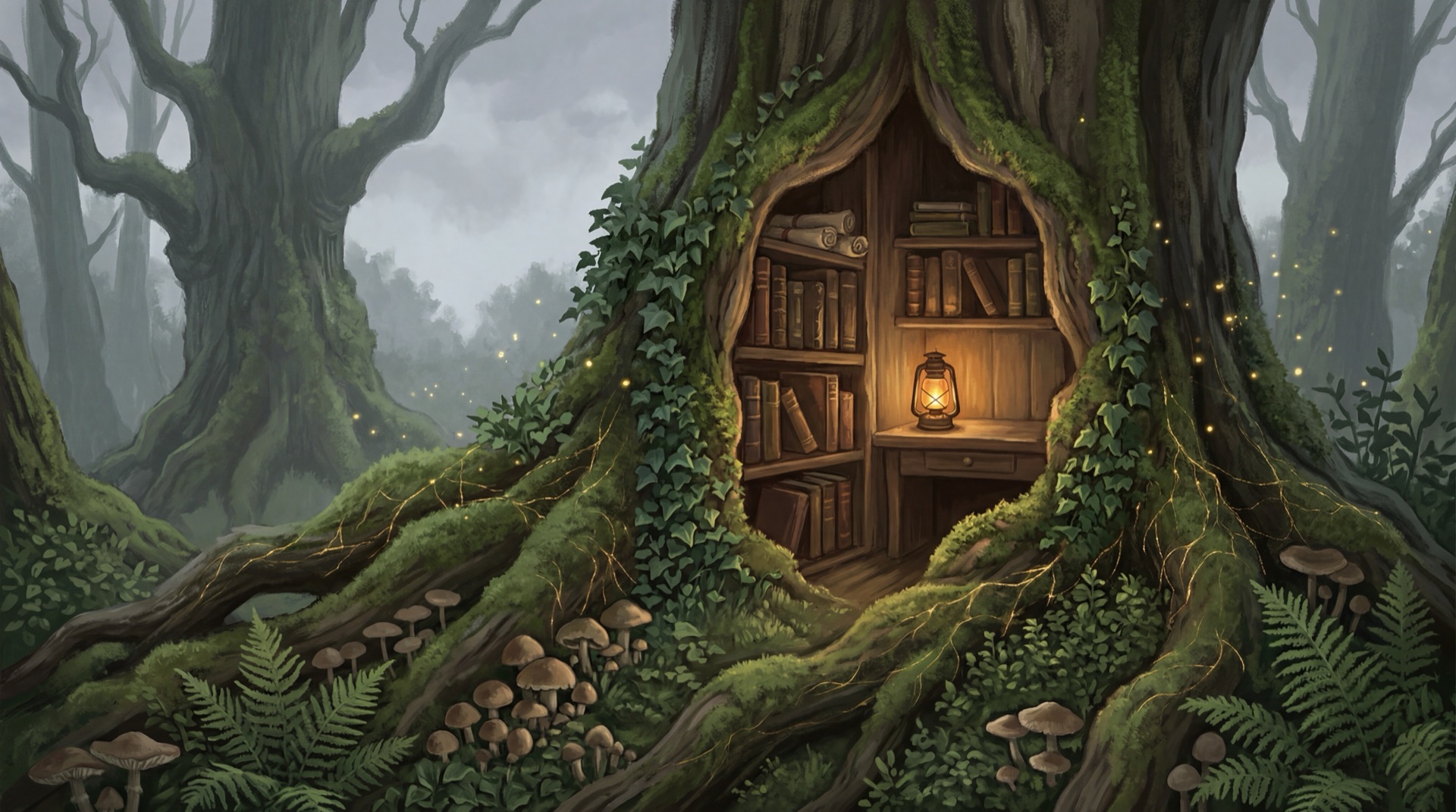 Läshörna i gammal ek med böcker och mossa