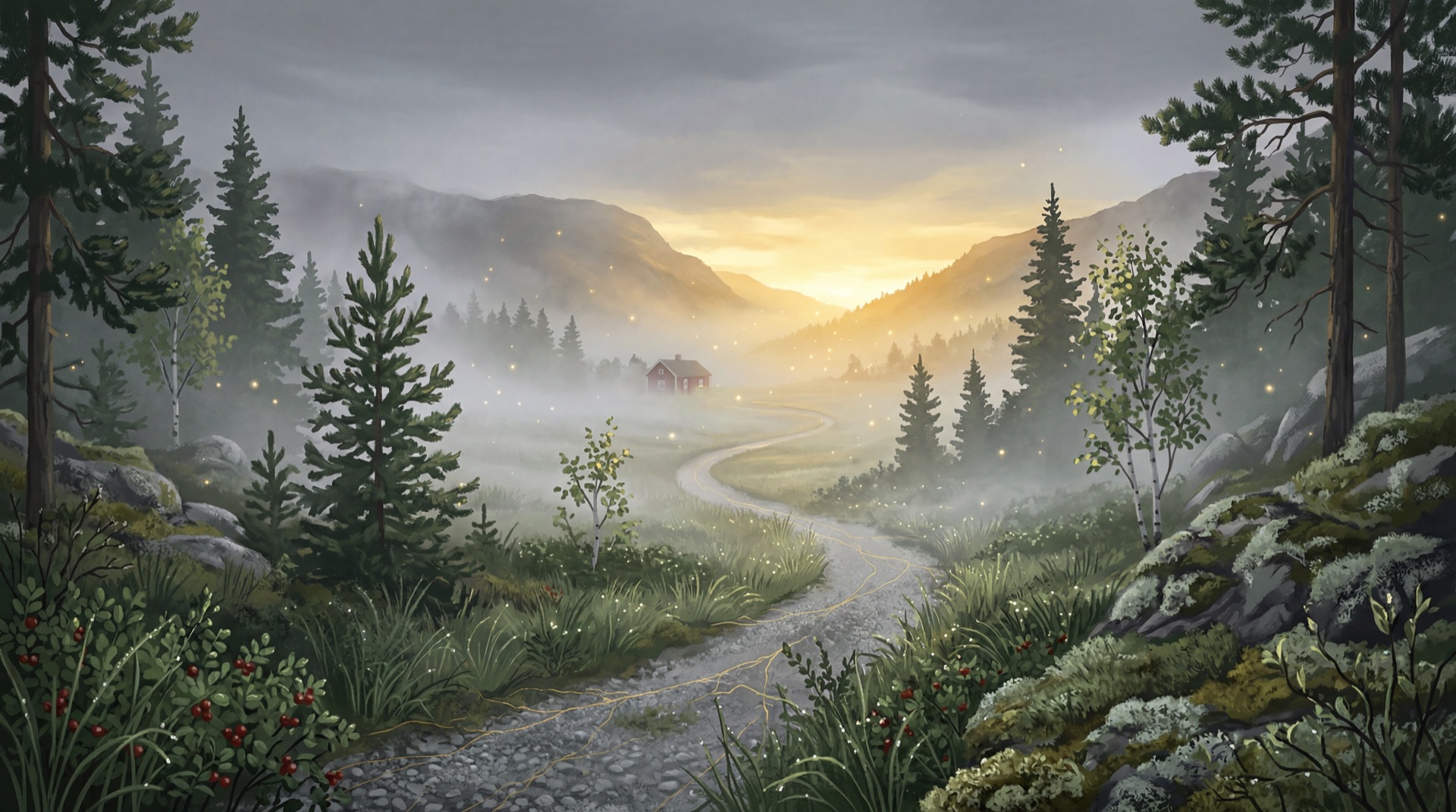 Gryning över dimmig svensk dal med stig som leder mot ljuset