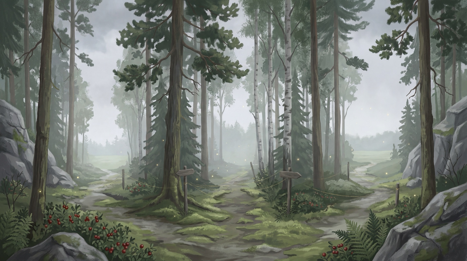 Nordiskt skogslandskap med stigar som delar sig i olika riktningar